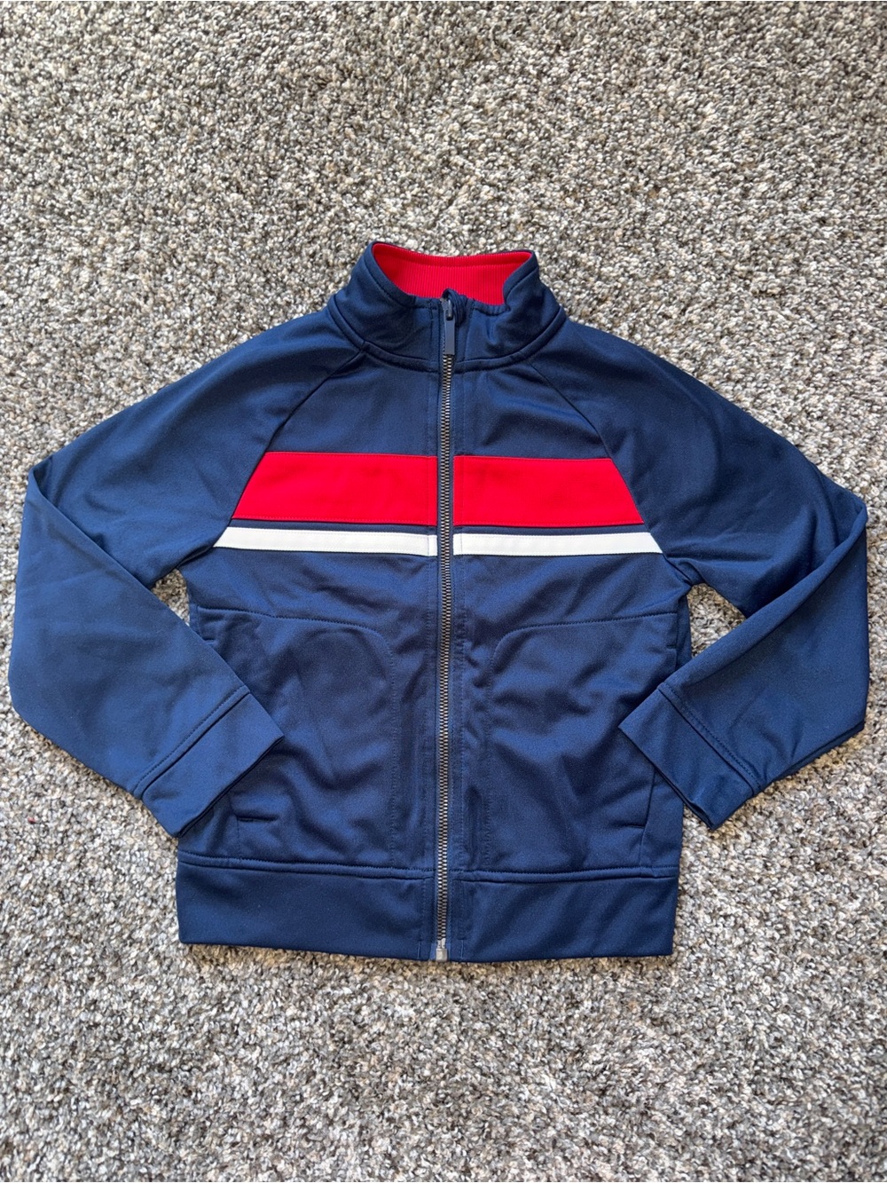 Athletic Works Navy Jacket with Red and White Chest Stripes